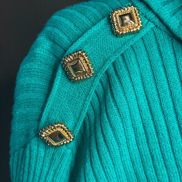 Vintage St. John Collection by Marie Gray Sweater Gold Button Teal Green Size M - Picture 7 of 13